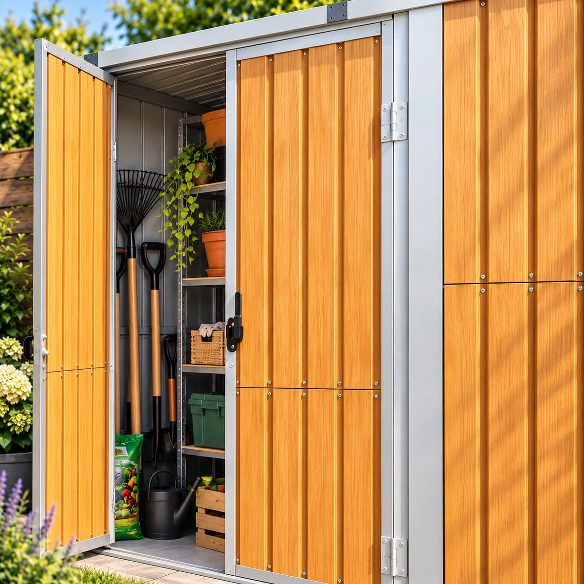 Abri de jardin en acier effet bois 2 m² galvanisé avec toit incliné et poignée Hilair