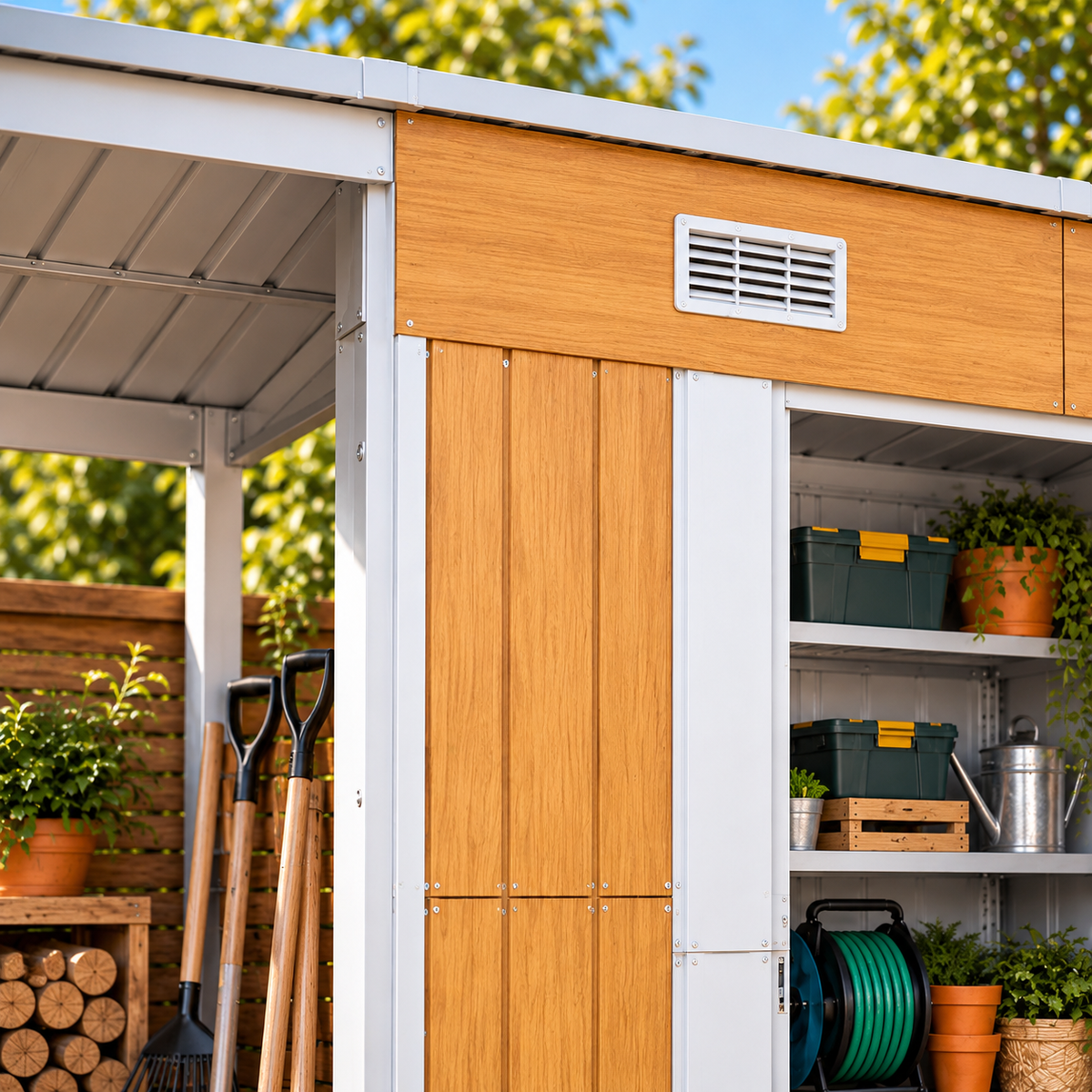 Abri de jardin 3 m² en acier galvanisé effet bois avec toit appentis Hilair