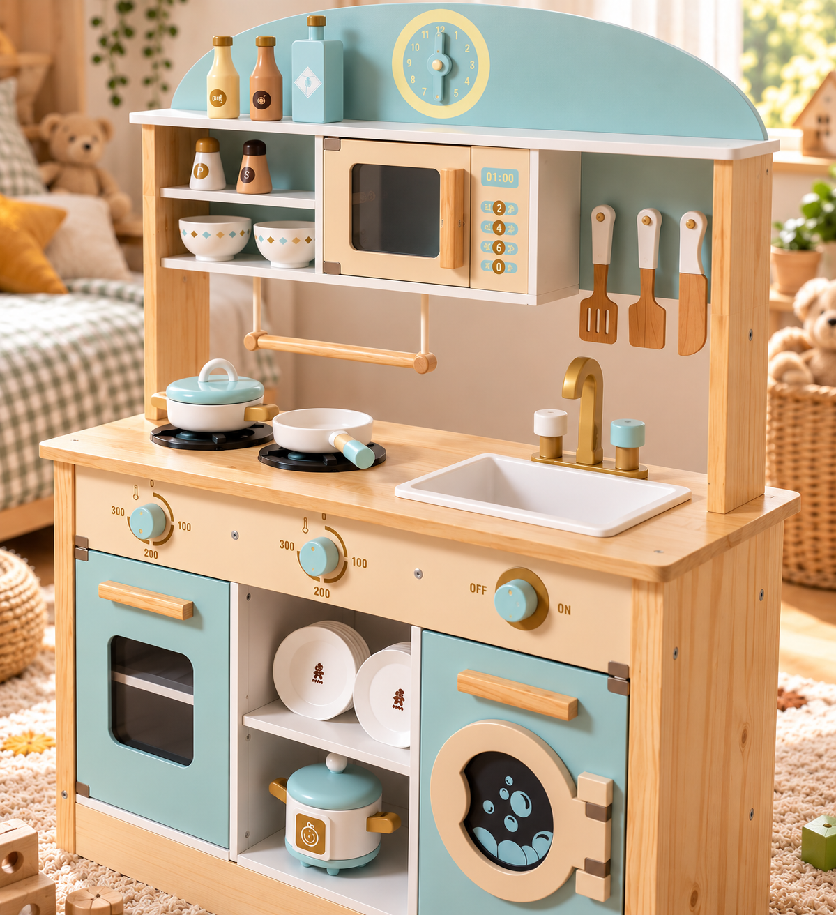 Cuisine Montessori en bois XXL avec lave-linge, lave-vaisselle et tableau, dès 3 ans Hilair