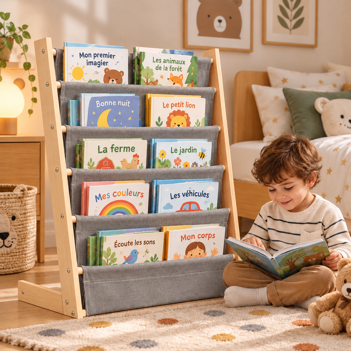 Bibliothèque enfant en bois et tissu – vue 3