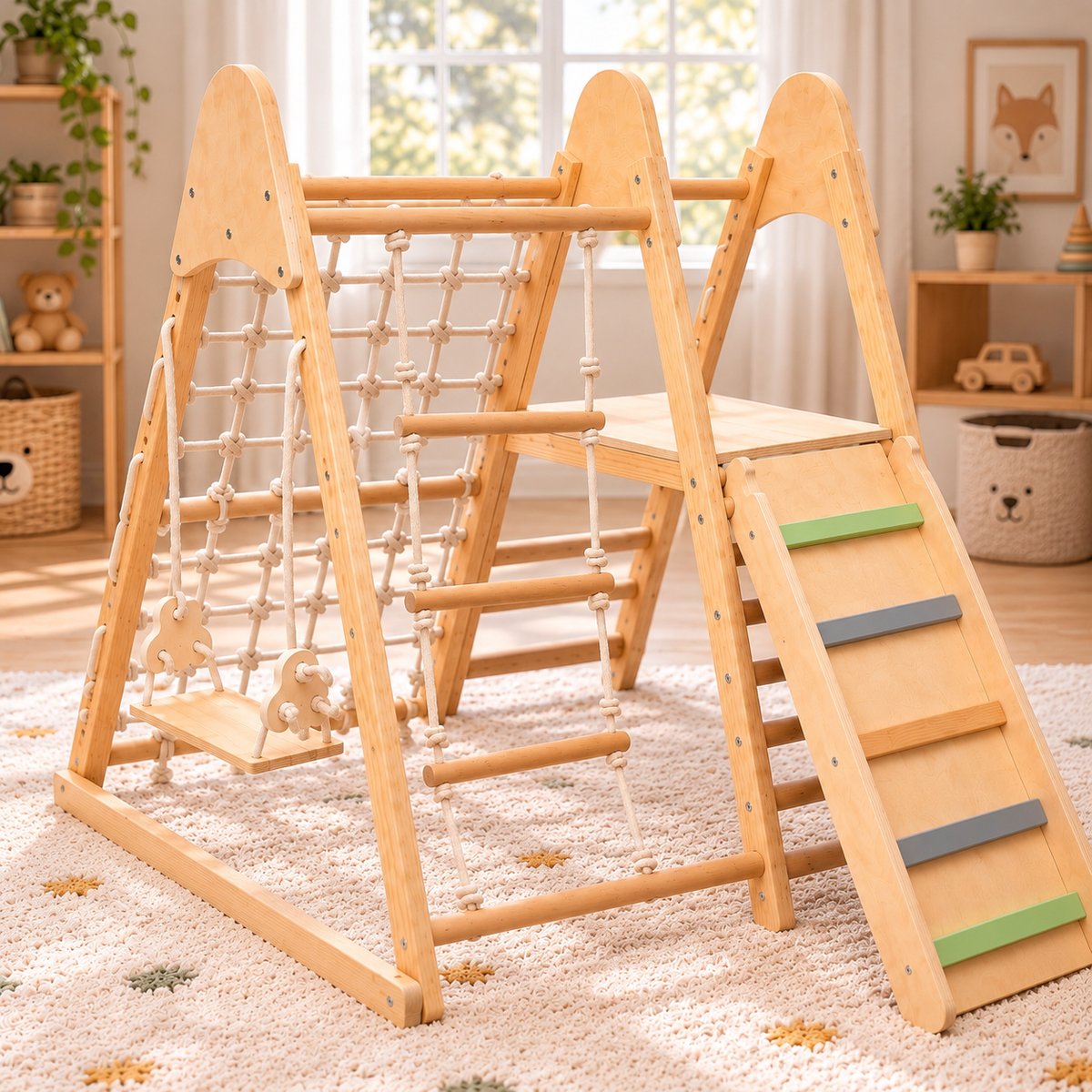 Aire de jeux Montessori en bois 5-en-1 avec toboggan et balançoire, dès 3 ans Hilair