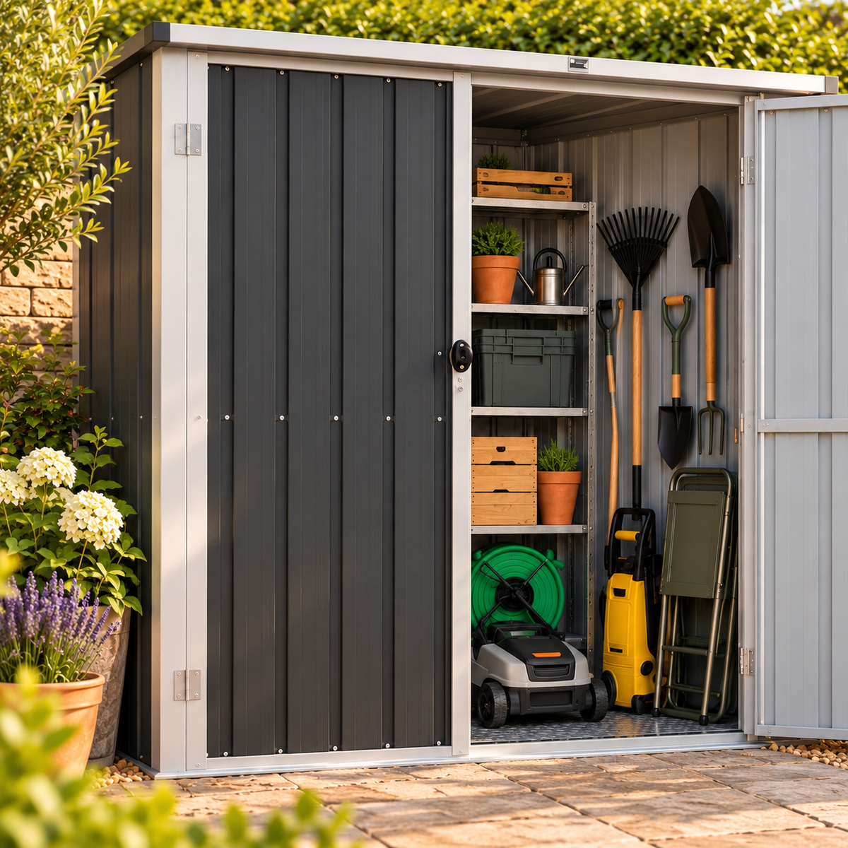 Abri de jardin 1,43 m² en métal anthracite avec toit incliné Hilair