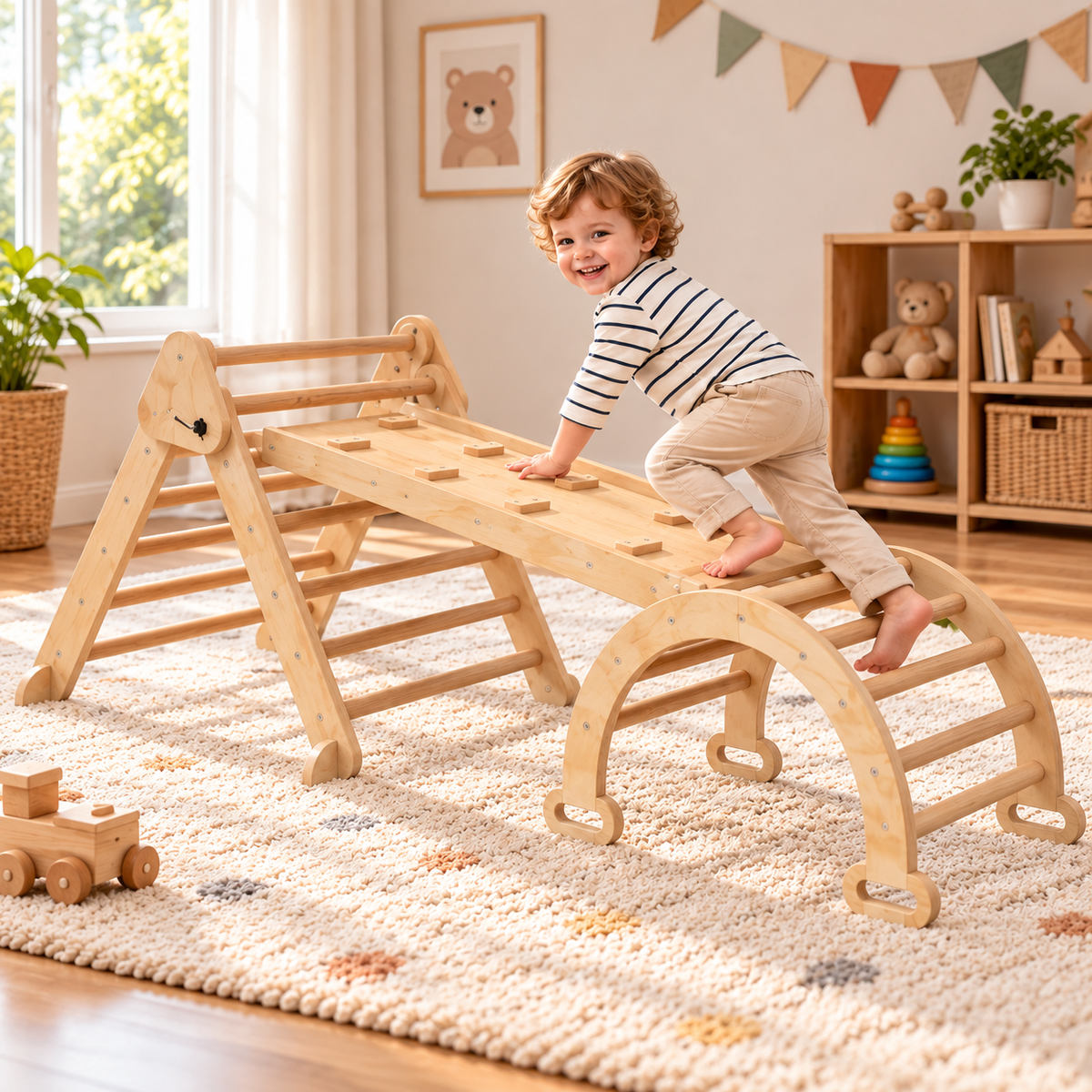 Triangle d'escalade Montessori 7-en-1 pliable avec arche et rampe – vue 3