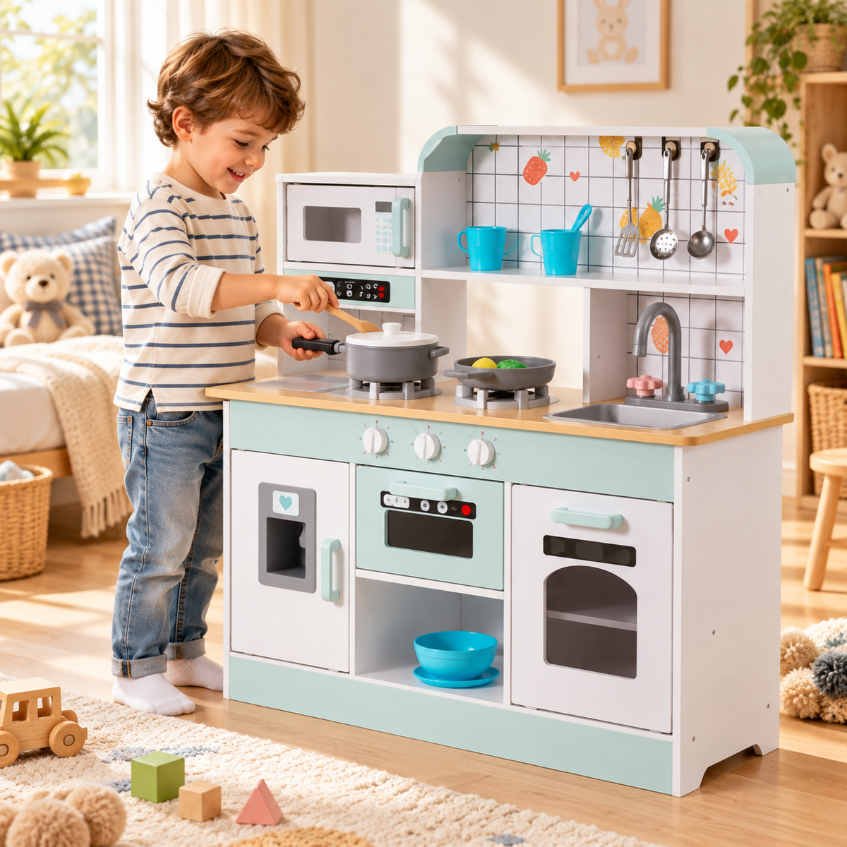 Cuisine en bois pour enfant avec lumières, sons et accessoires – vue 3