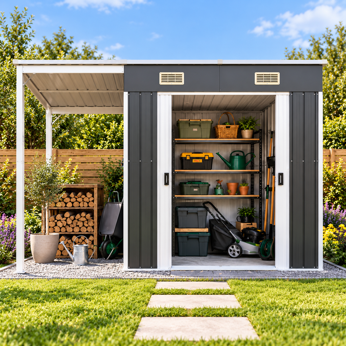 Abri de jardin 3 m² en acier galvanisé anthracite avec toit étendu Hilair