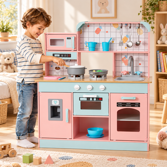 Cuisine en bois pour enfant avec lumières, sons et accessoires – vue 1