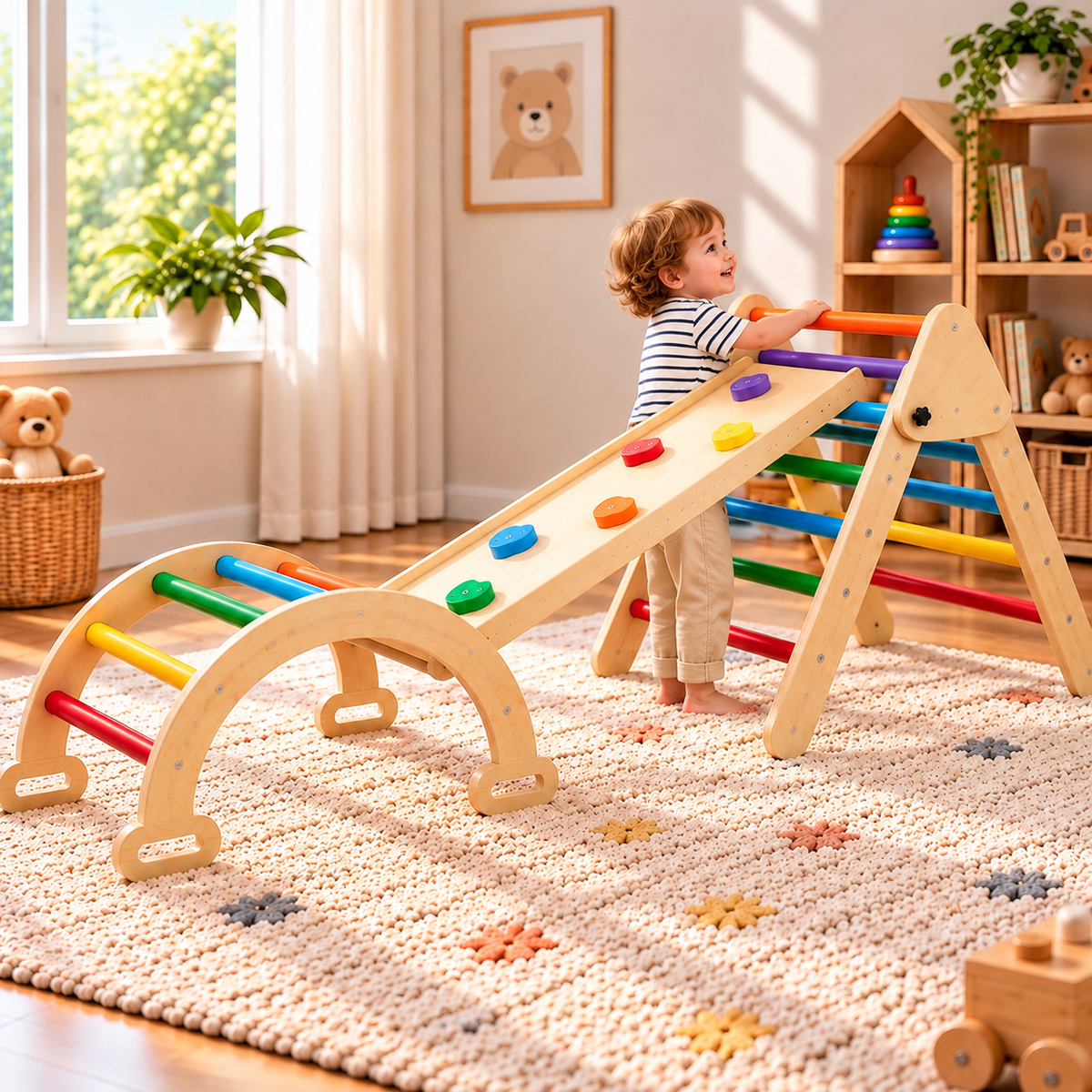 Triangle d'escalade Montessori 5-en-1 multicolore, arche et rampe Hilair