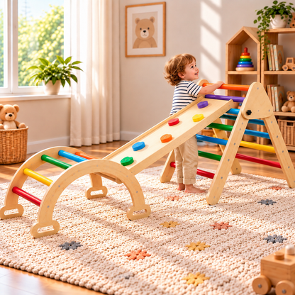 Triangle d'escalade Montessori 5-en-1 multicolore, arche et rampe Hilair