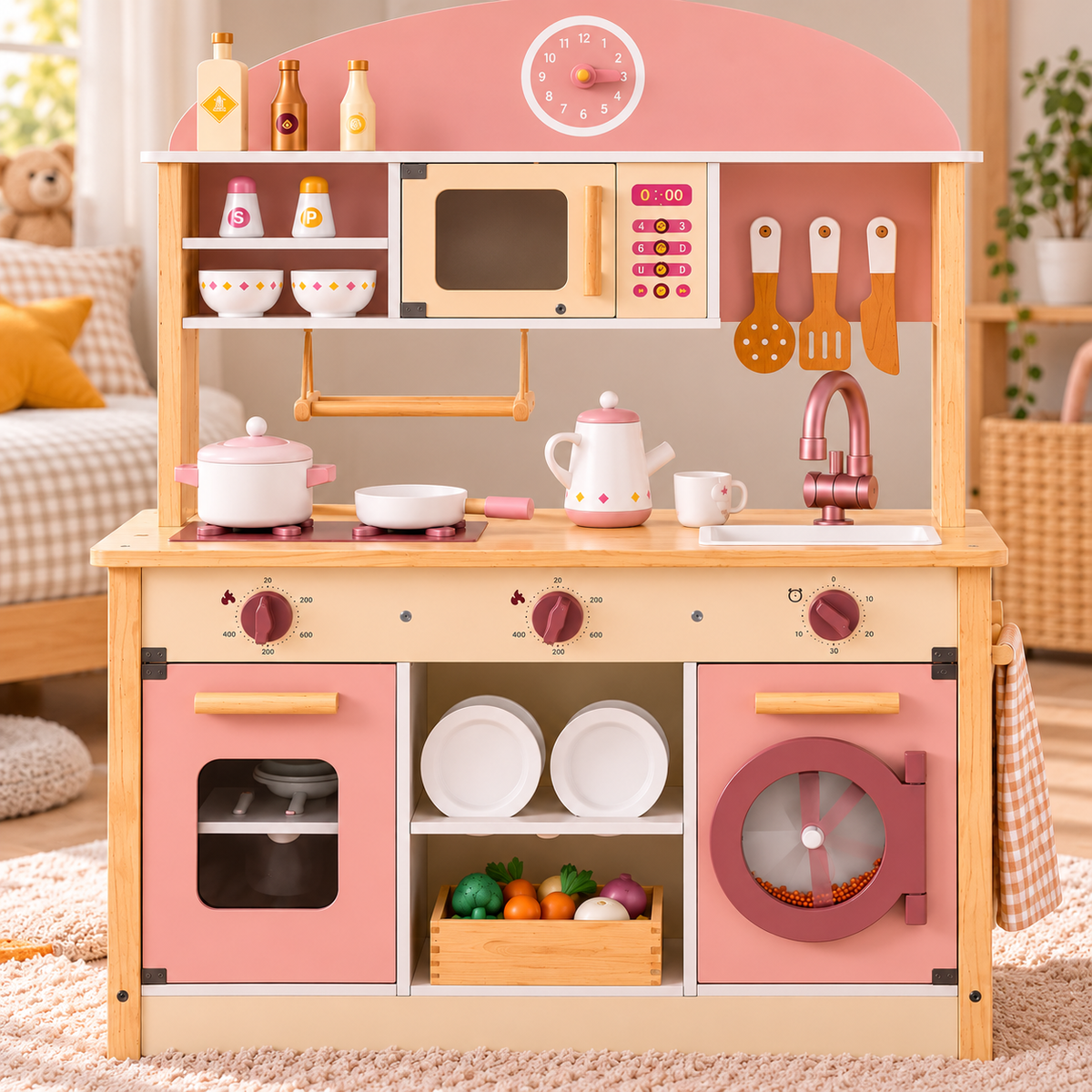 Cuisine d'angle Montessori en bois rose 4-en-1 avec four, réfrigérateur et lave-linge Hilair