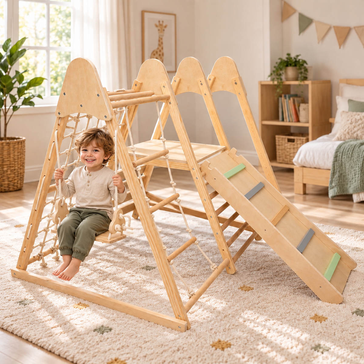 Aire de jeux Montessori en bois 5-en-1 avec toboggan et balançoire, dès 3 ans Hilair