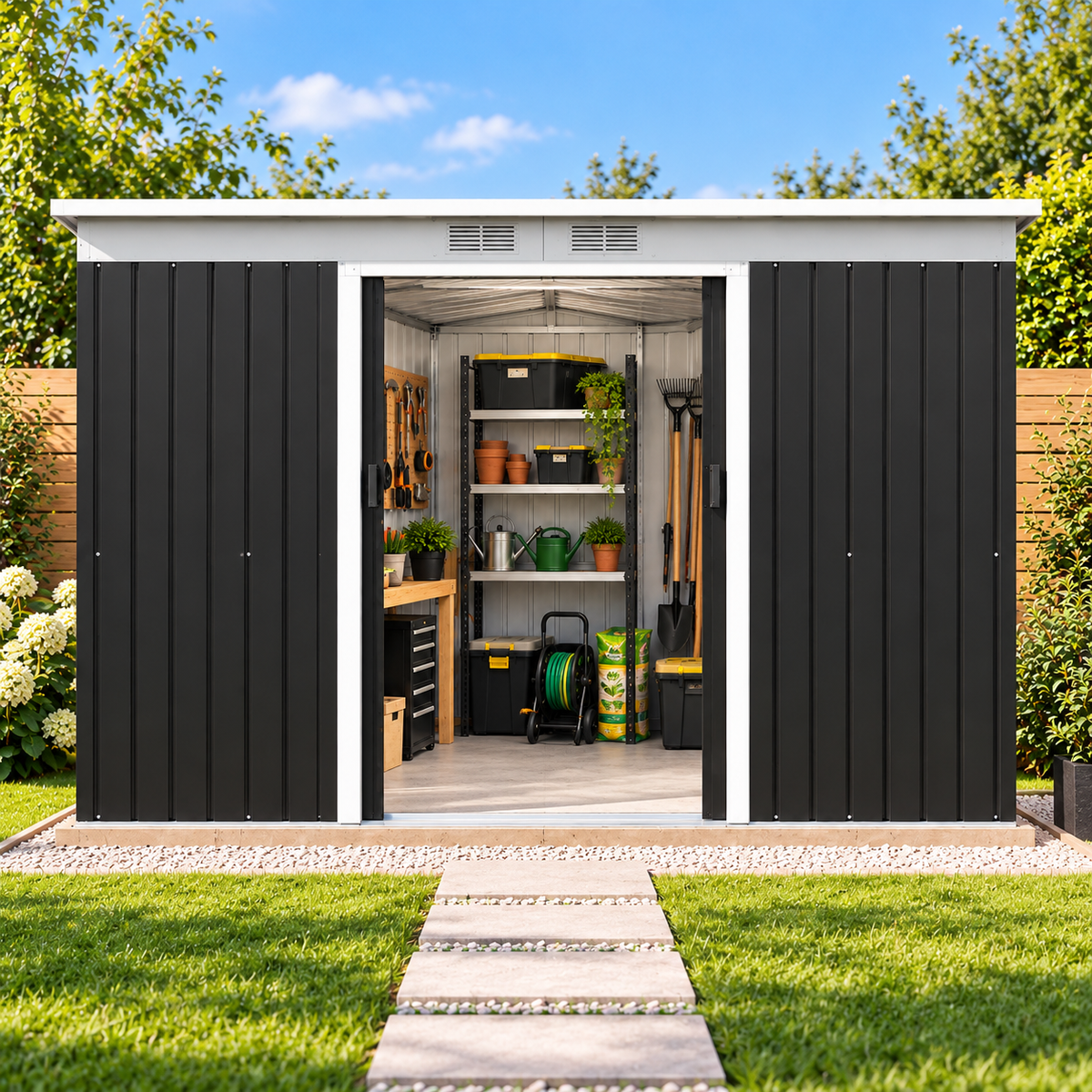 Abri de jardin 3,6 m² en acier galvanisé noir avec portes coulissantes Hilair