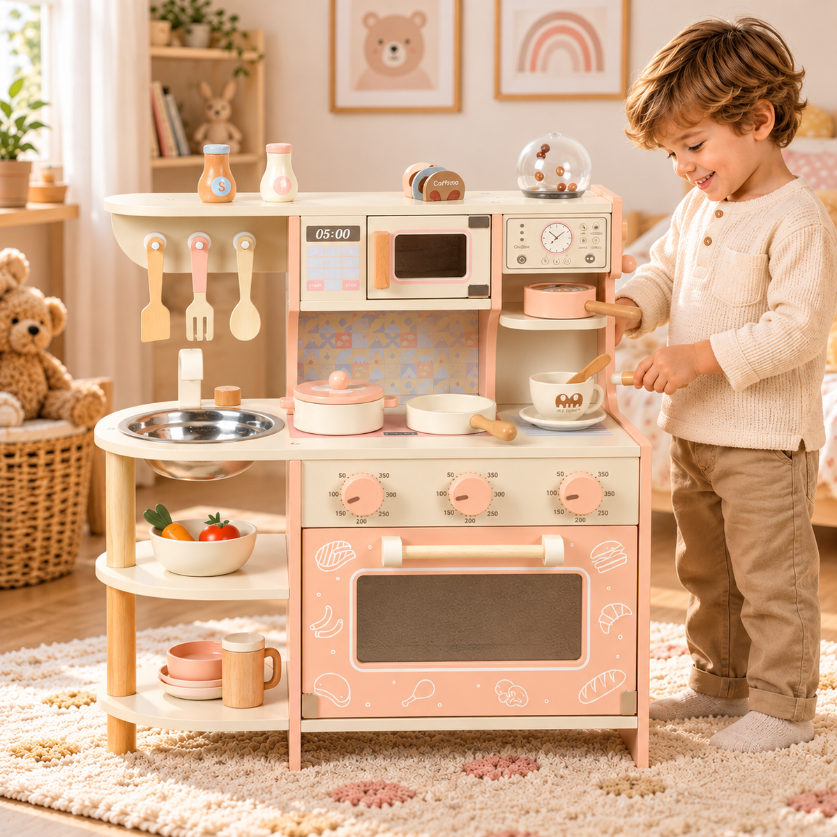 Cuisine en bois rose avec four, micro-ondes et évier, dès 3 ans Hilair