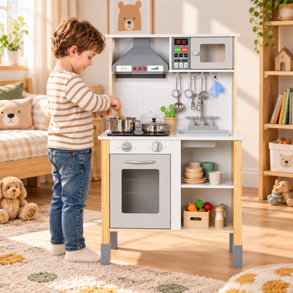 Cuisine en bois blanche réglable en hauteur, lumières et sons – vue 1