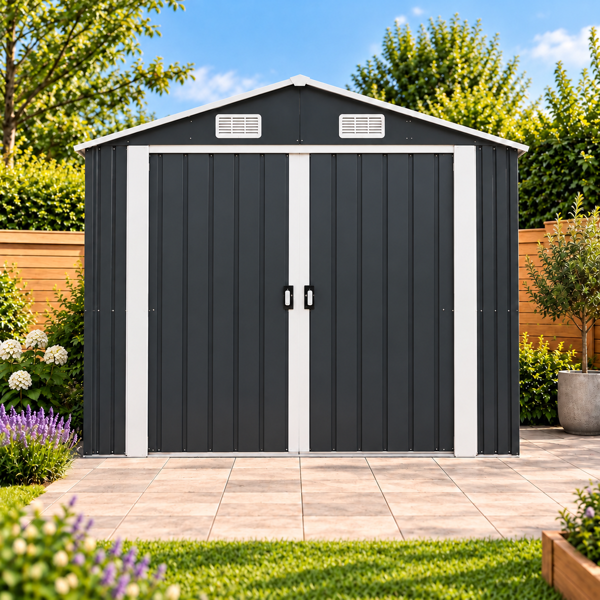 Abri de jardin 12,57 m² en métal anthracite avec portes coulissantes Hilair