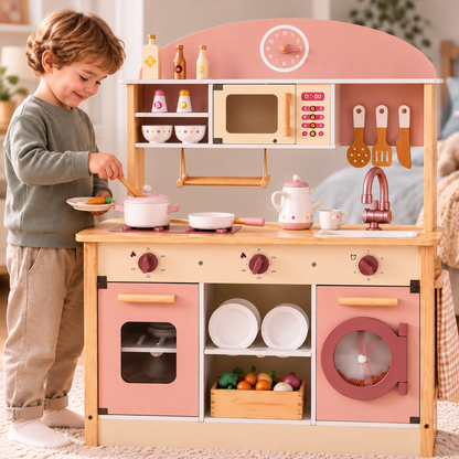 Cuisine d'angle Montessori en bois rose 4-en-1 avec four, réfrigérateur et lave-linge Hilair