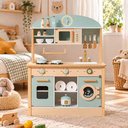 Grande cuisine en bois XXL avec lave-linge, lave-vaisselle et tableau – vue 2