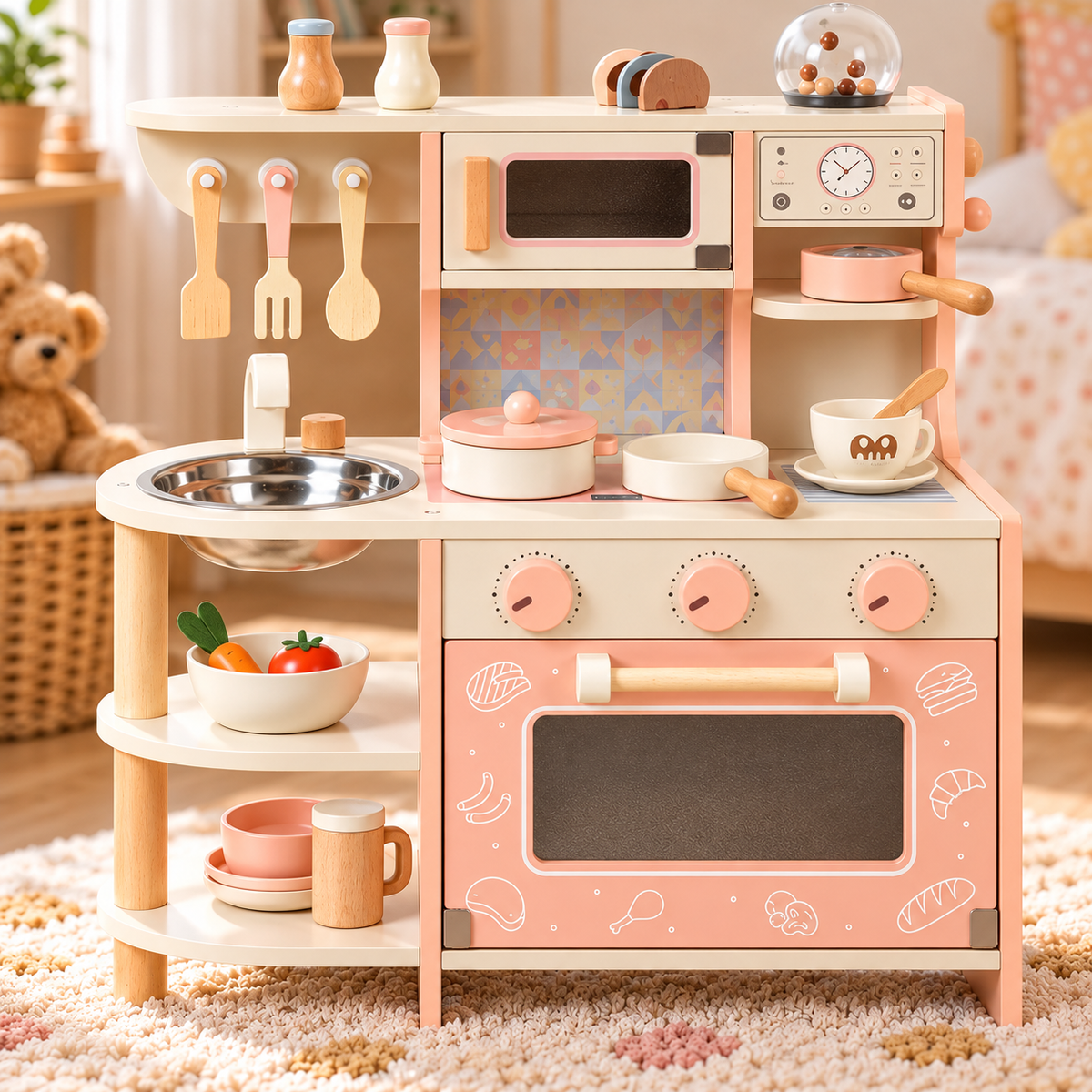 Cuisine en bois rose avec four, micro-ondes et évier, dès 3 ans Hilair