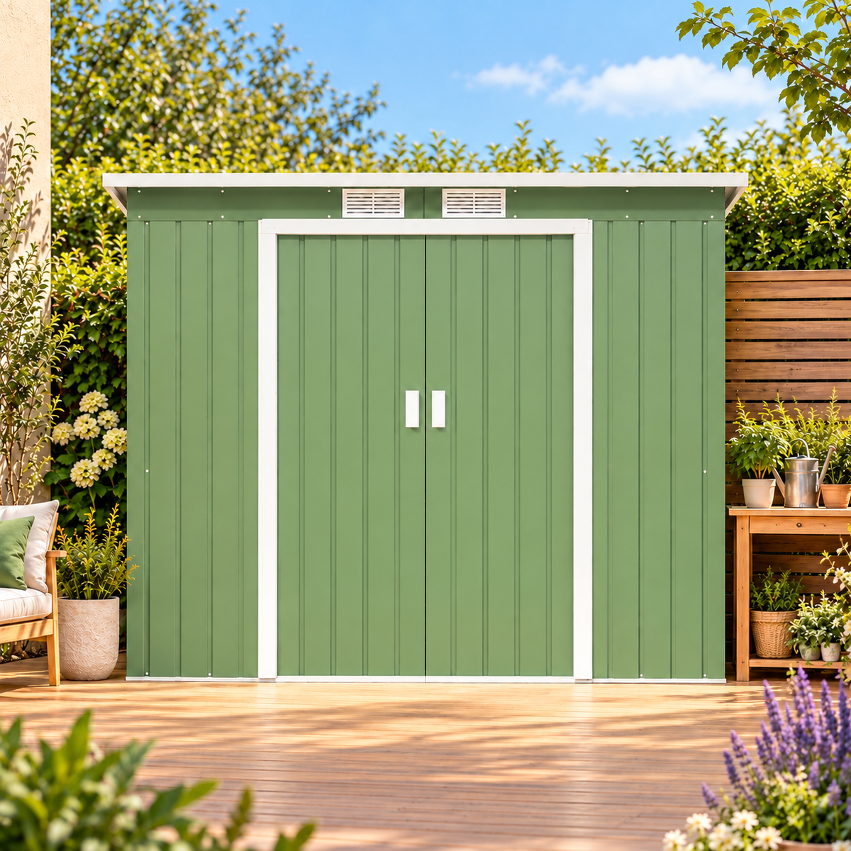 Abri de jardin 2,42 m² en métal vert avec portes coulissantes Hilair