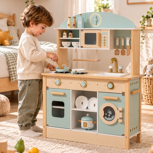 Grande cuisine en bois XXL avec lave-linge, lave-vaisselle et tableau – vue 1