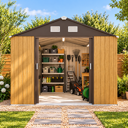 Abri de jardin 4,9 m² en métal brun effet bois avec portes coulissantes à clé Hilair