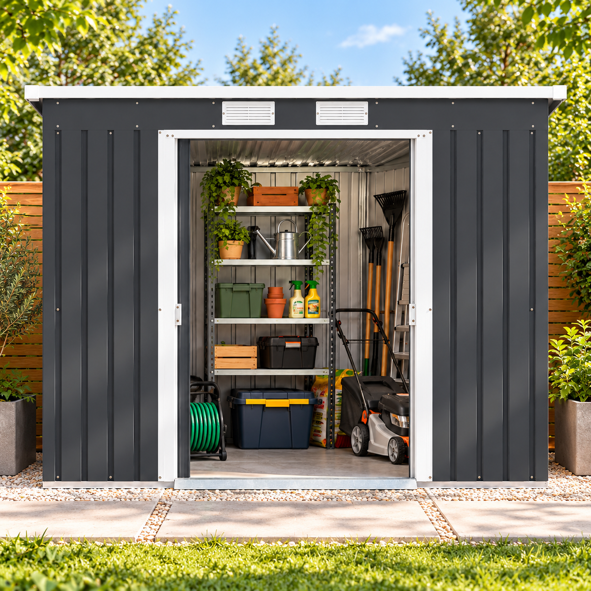 Abri de jardin 2,4 m² en métal gris anthracite avec porte coulissante Hilair