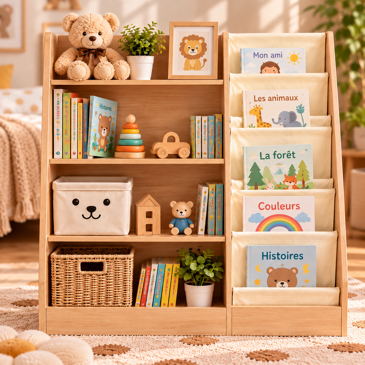 Bibliothèque enfant en bois à 4 niveaux pour chambre et salle de jeux Hilair