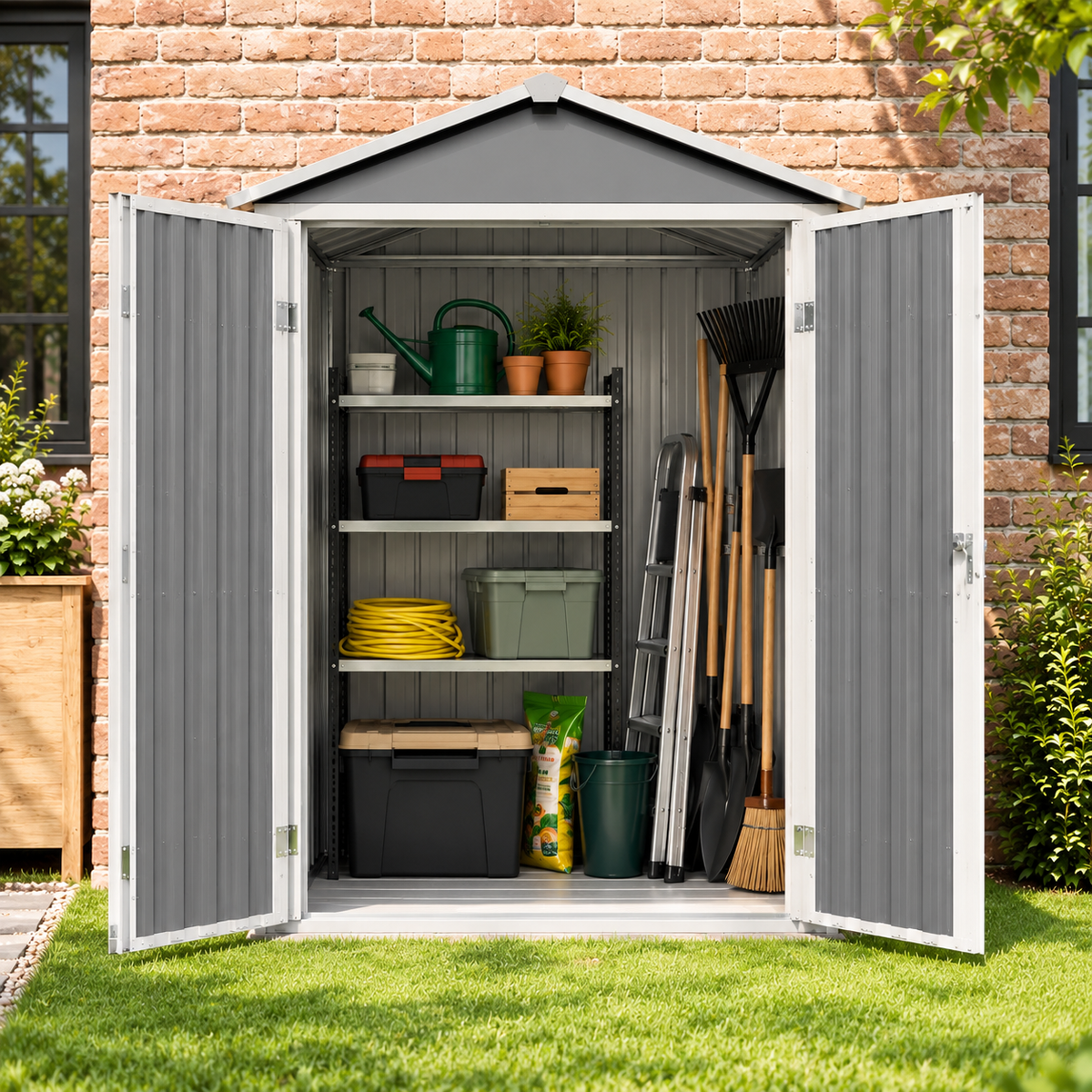 Abri de rangement 0,52 m² en acier galvanisé gris avec étagères Hilair