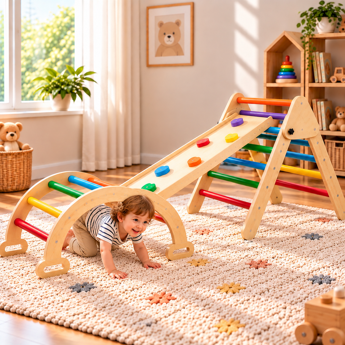 Triangle d'escalade Montessori 5-en-1 multicolore, arche et rampe Hilair