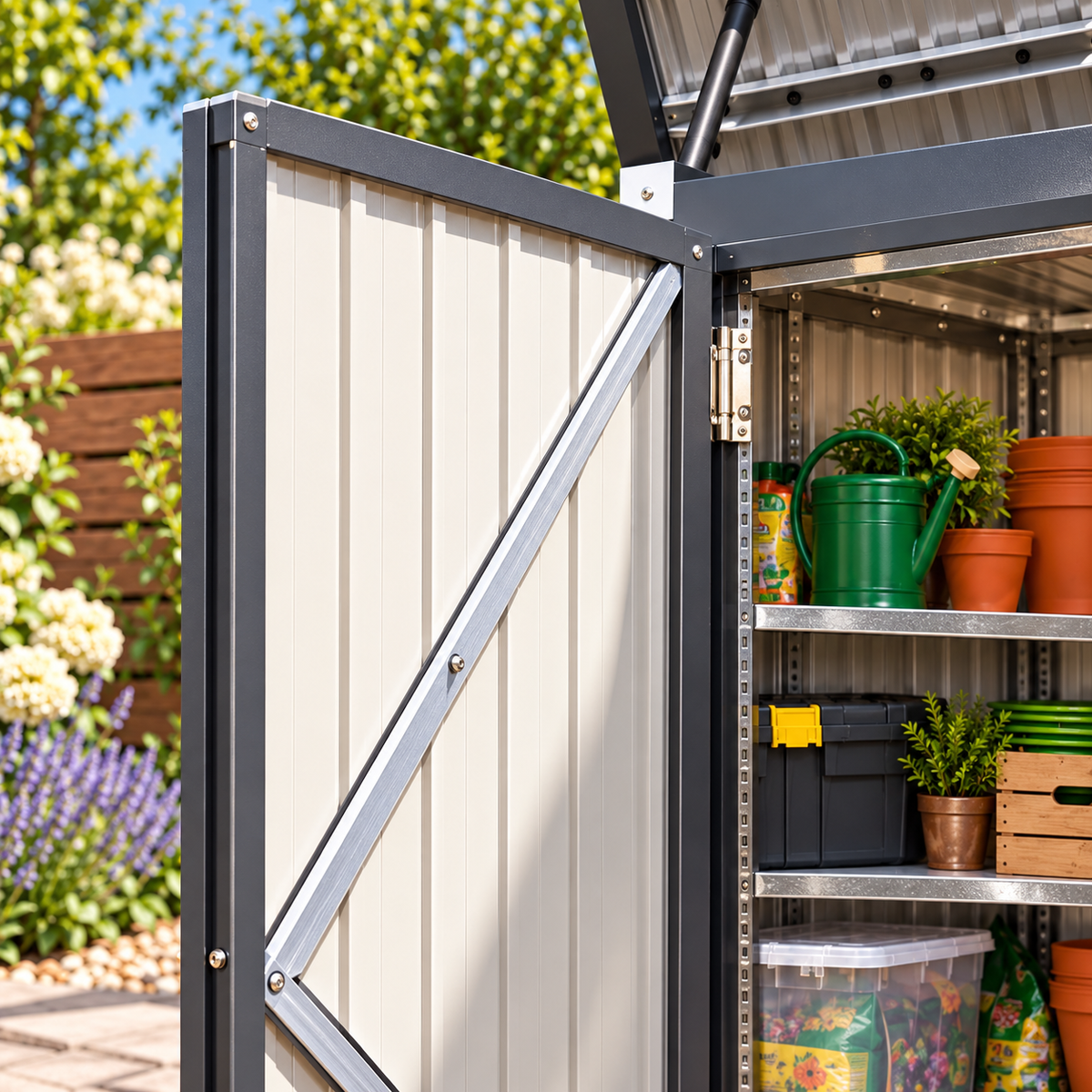 Abri de jardin 1,35 m² en métal noir pour outils avec couvercle à vérins Hilair