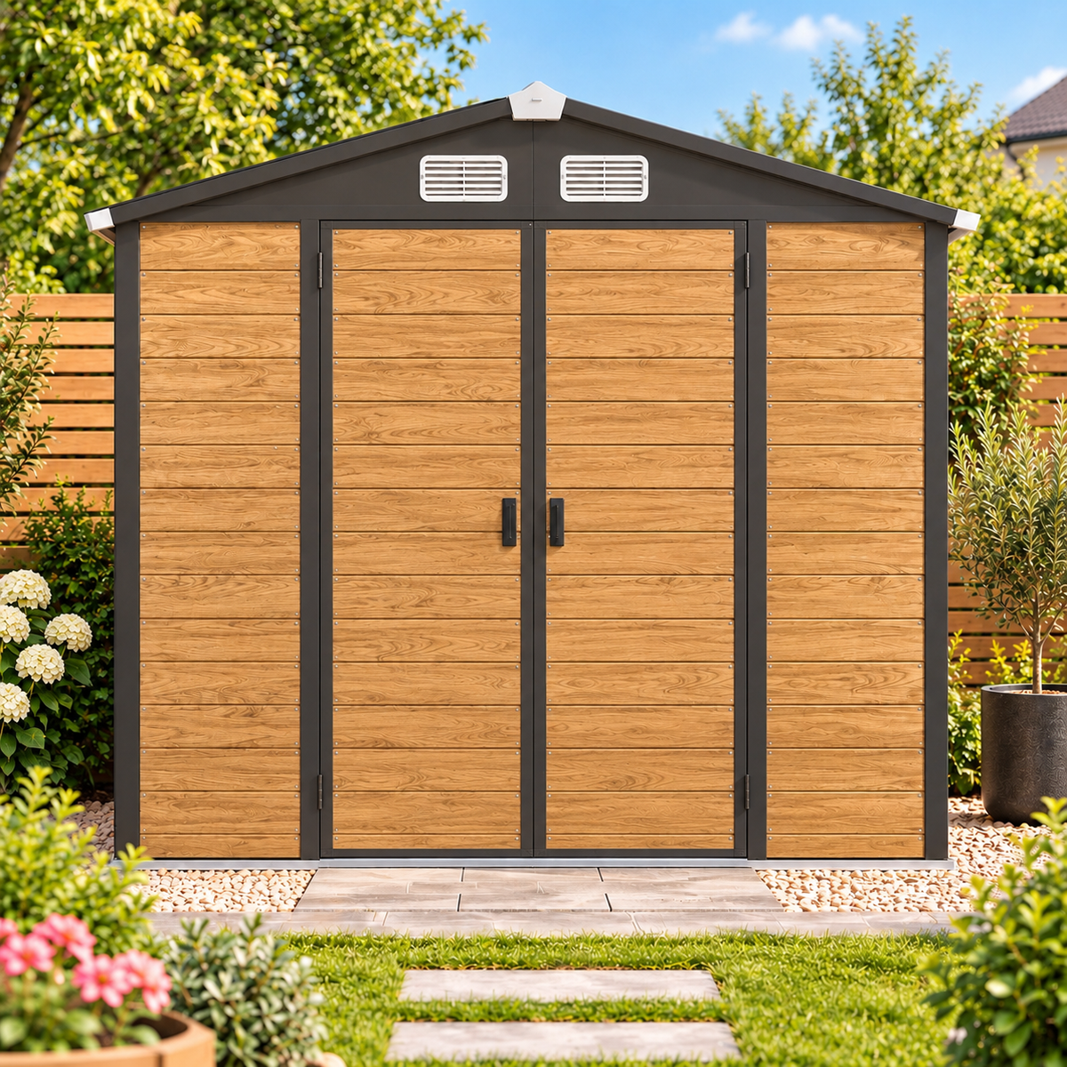 Abri de jardin 2,36 m² en métal effet bois avec portes coulissantes Hilair