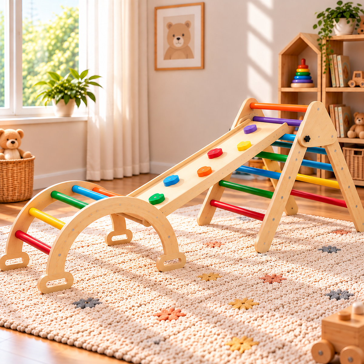Triangle d'escalade Montessori 5-en-1 multicolore avec arche et rampe – vue 2