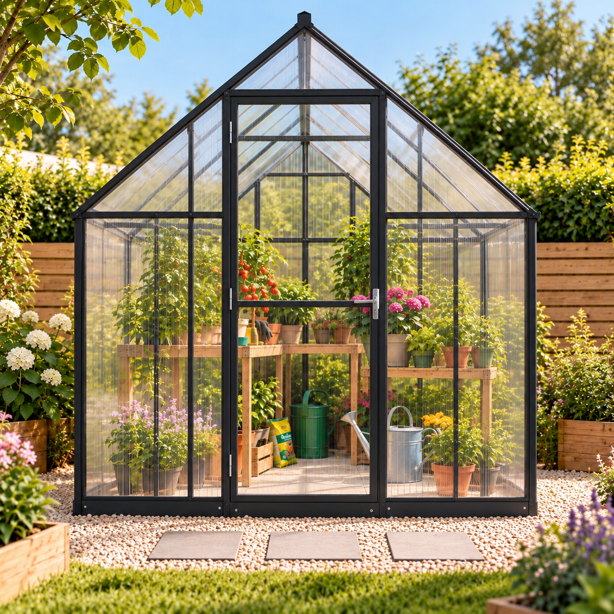 Abri de jardin 2,99 m² en polycarbonate transparent – porte et fenêtre réglable Hilair