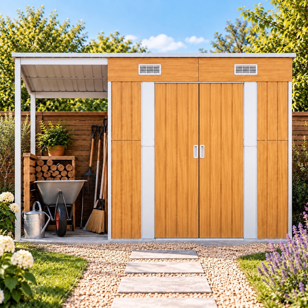 Abri de jardin 3 m² en acier galvanisé effet bois avec toit appentis Hilair