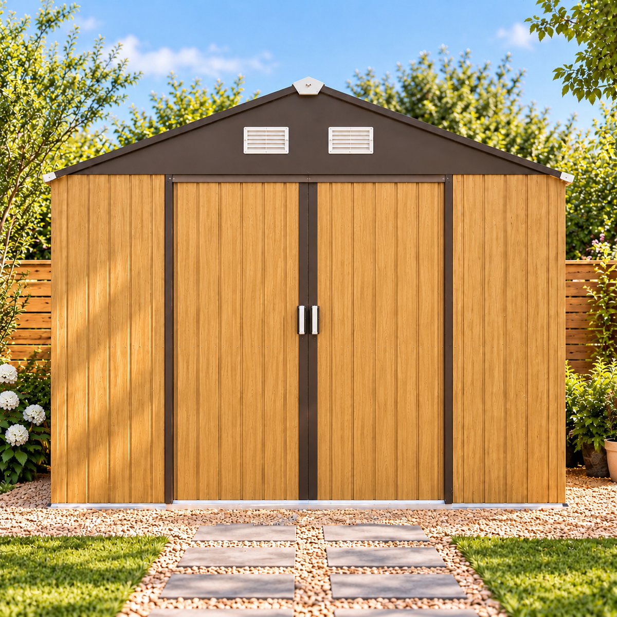 Abri de jardin 4,9 m² en métal brun effet bois avec portes coulissantes à clé Hilair