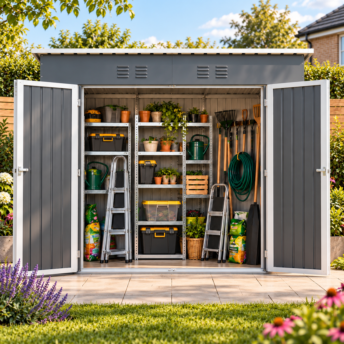 Abri de jardin 2,90 m² en métal gris avec 3 portes et fondation Hilair