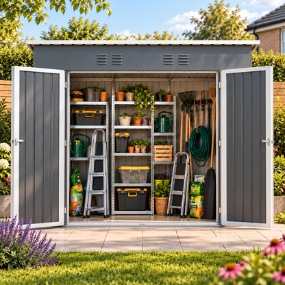 Abri de jardin 2,90 m² en métal gris avec 3 portes et fondation Hilair