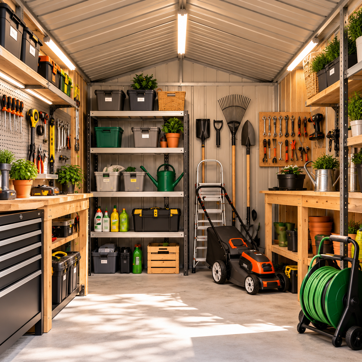 Abri de jardin 4,9 m² en métal brun effet bois avec portes coulissantes à clé Hilair
