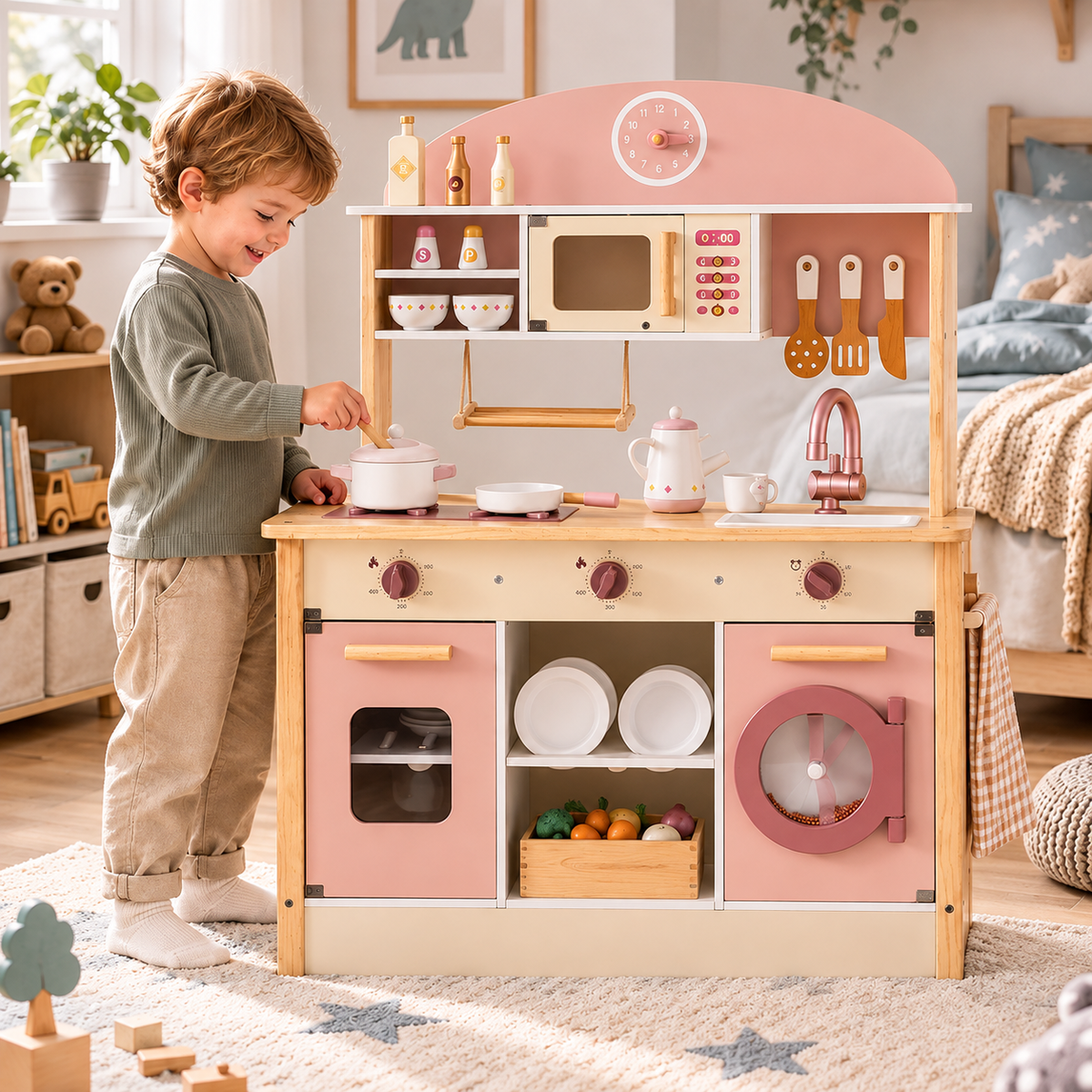 Cuisine d'angle en bois rose 4-en-1 avec four, réfrigérateur et lave-linge – vue 1