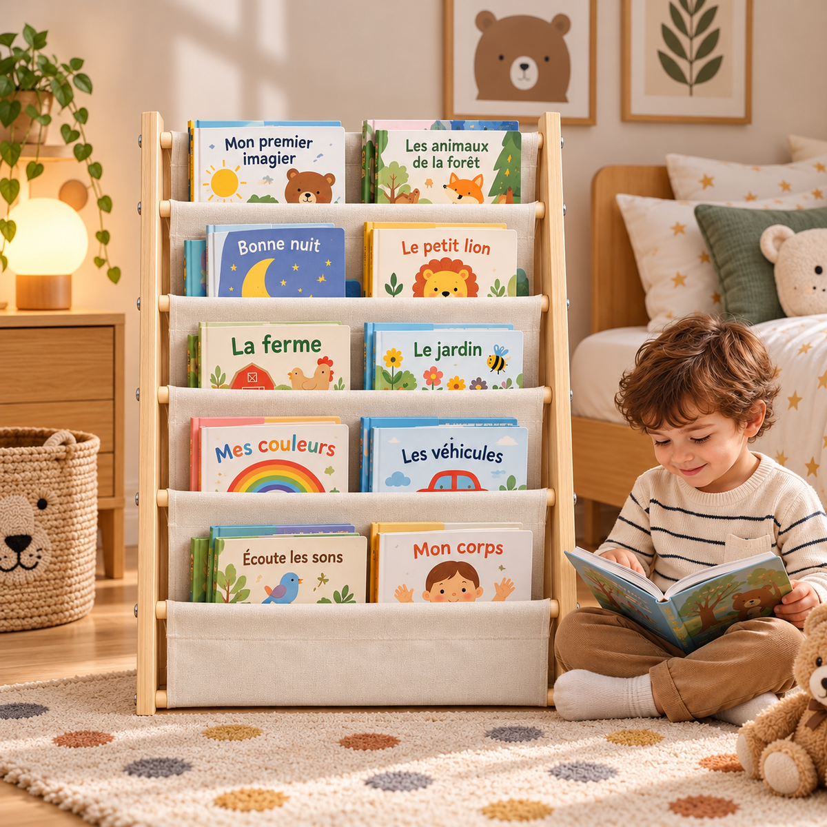 Bibliothèque enfant en bois et tissu – vue 2