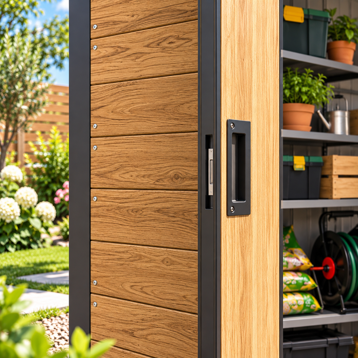 Abri de jardin 2,36 m² en métal effet bois avec portes coulissantes Hilair