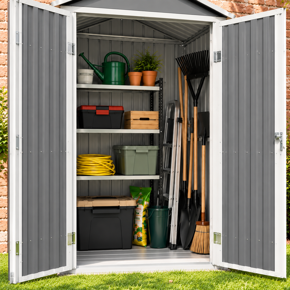 Abri de rangement 0,52 m² en acier galvanisé gris avec étagères Hilair