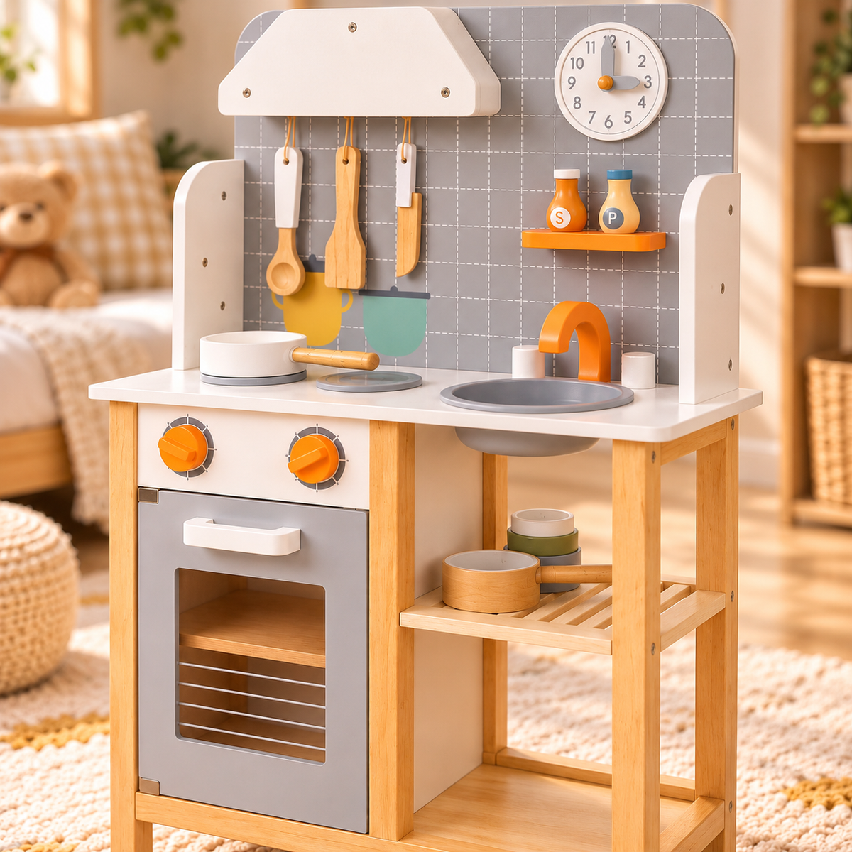 Cuisine Montessori en bois avec plaque sonore, four et évier, dès 3 ans Hilair