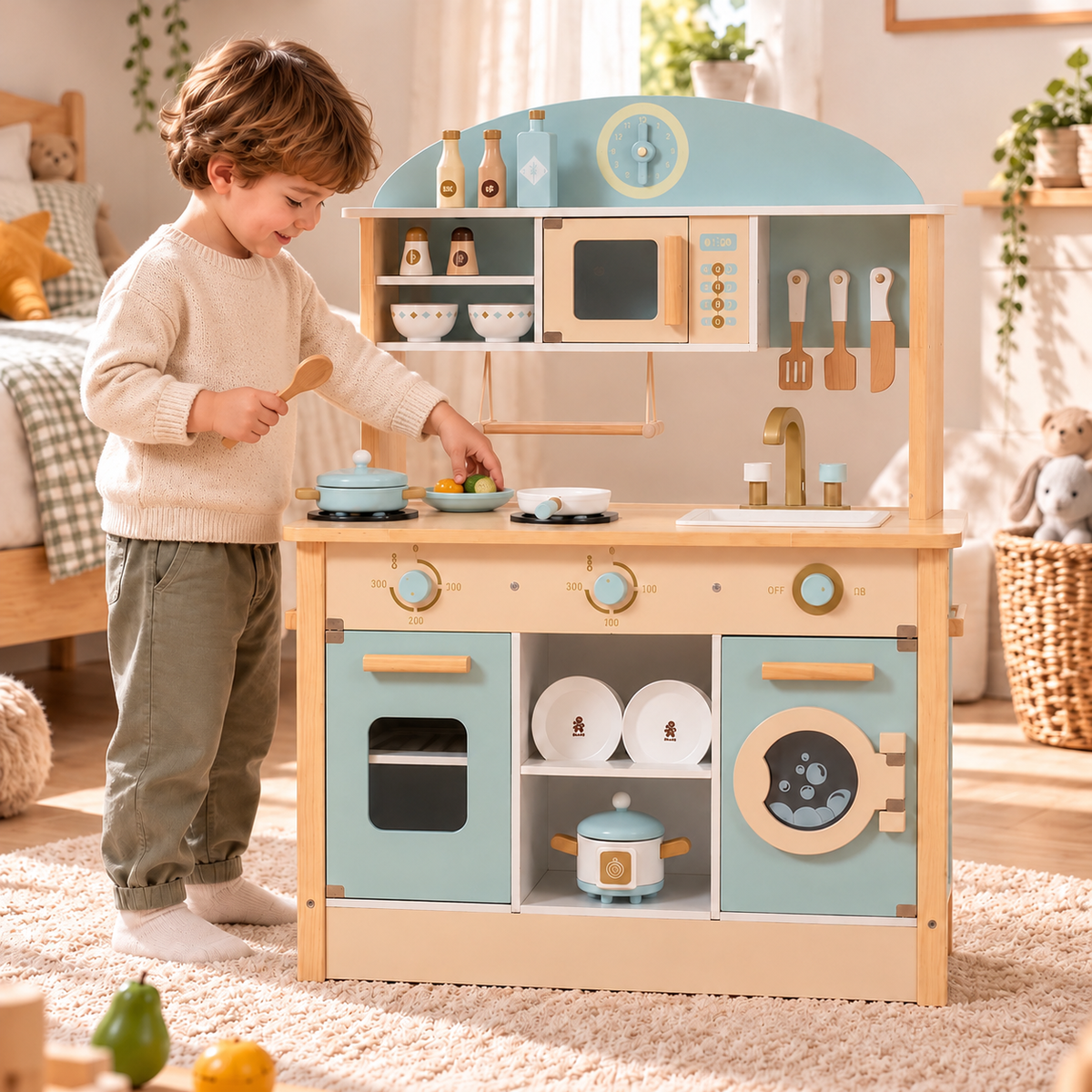 Cuisine Montessori en bois XXL avec lave-linge, lave-vaisselle et tableau, dès 3 ans Hilair