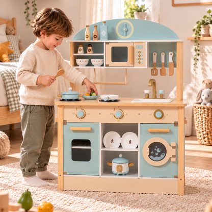 Cuisine Montessori en bois XXL avec lave-linge, lave-vaisselle et tableau, dès 3 ans Hilair