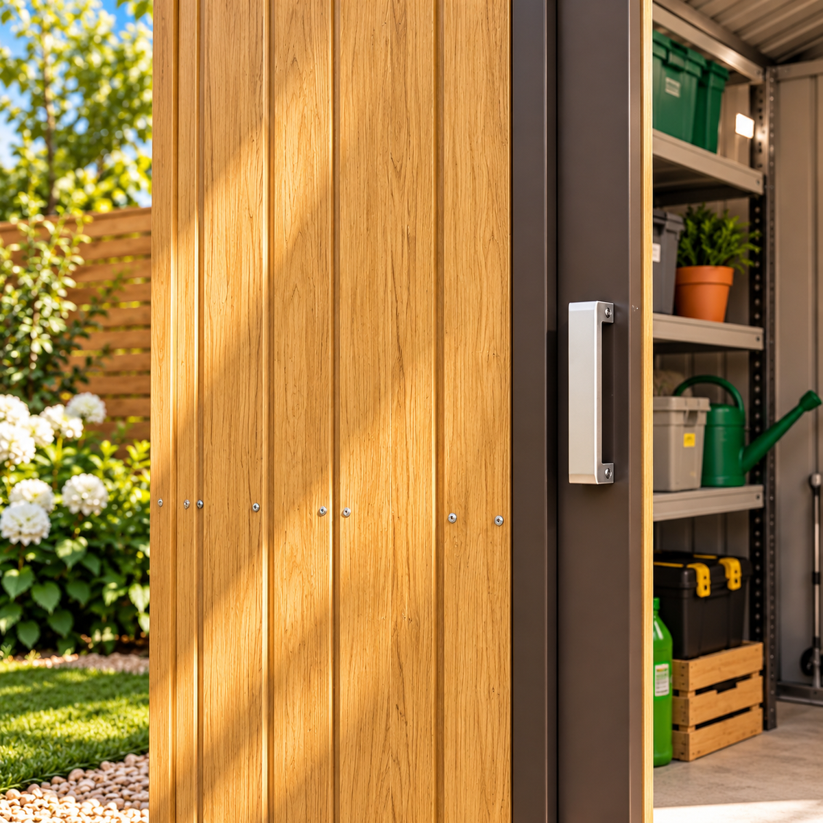 Abri de jardin 4,9 m² en métal brun effet bois avec portes coulissantes à clé Hilair