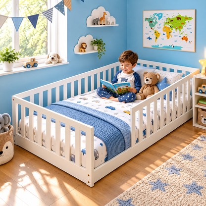 Lit au sol Montessori blanc avec barrières de sécurité – vue 1