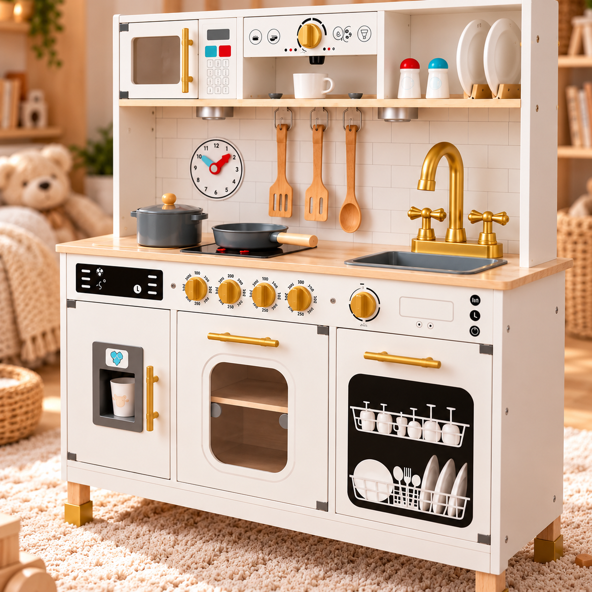 Cuisine Montessori en bois XXL avec lumières LED et 17 accessoires, dès 3 ans Hilair