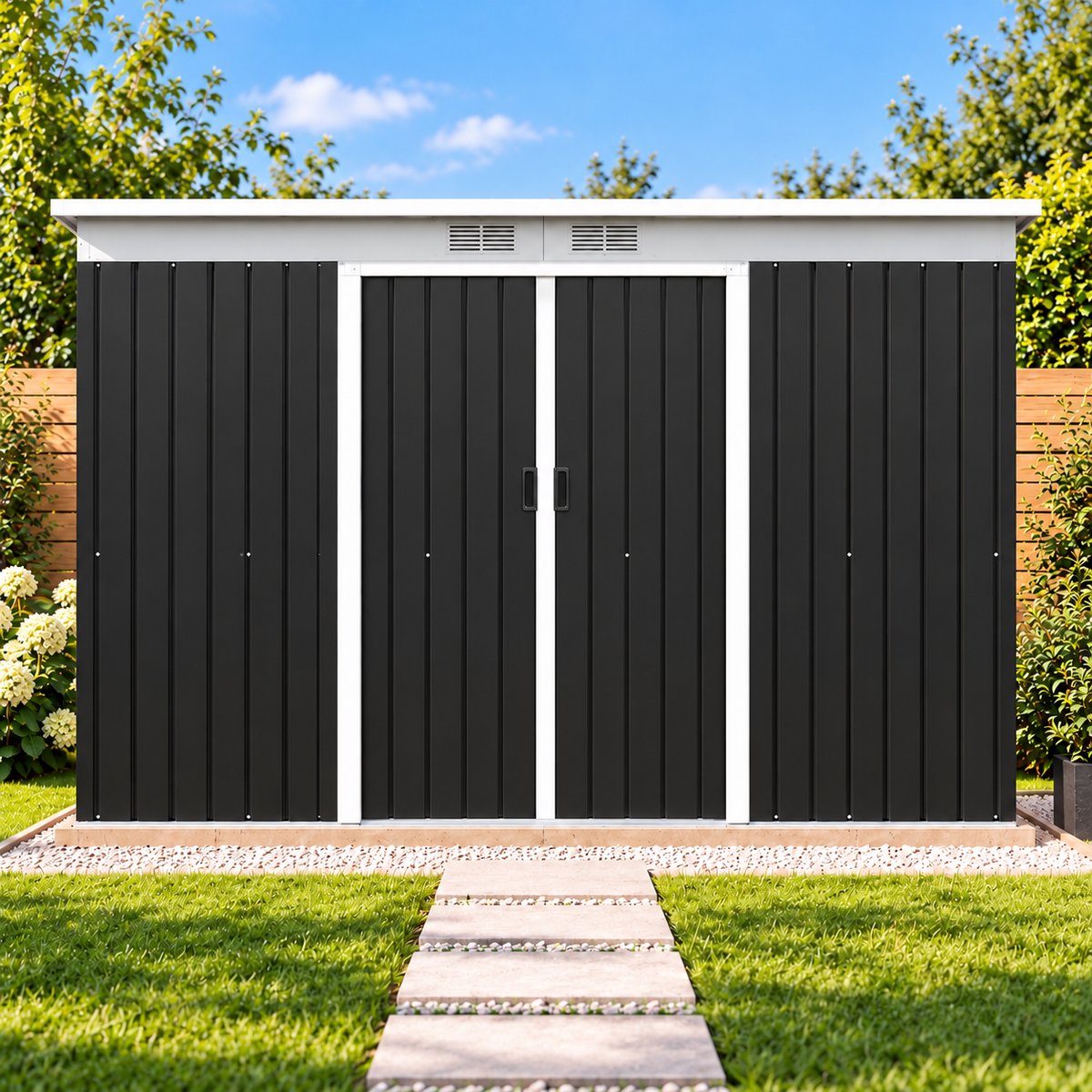 Abri de jardin 3,6 m² en acier galvanisé noir avec portes coulissantes Hilair