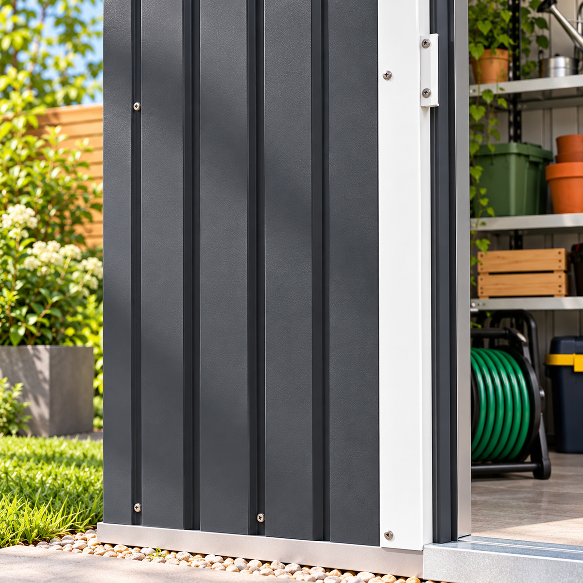 Abri de jardin 2,4 m² en métal gris anthracite avec porte coulissante Hilair