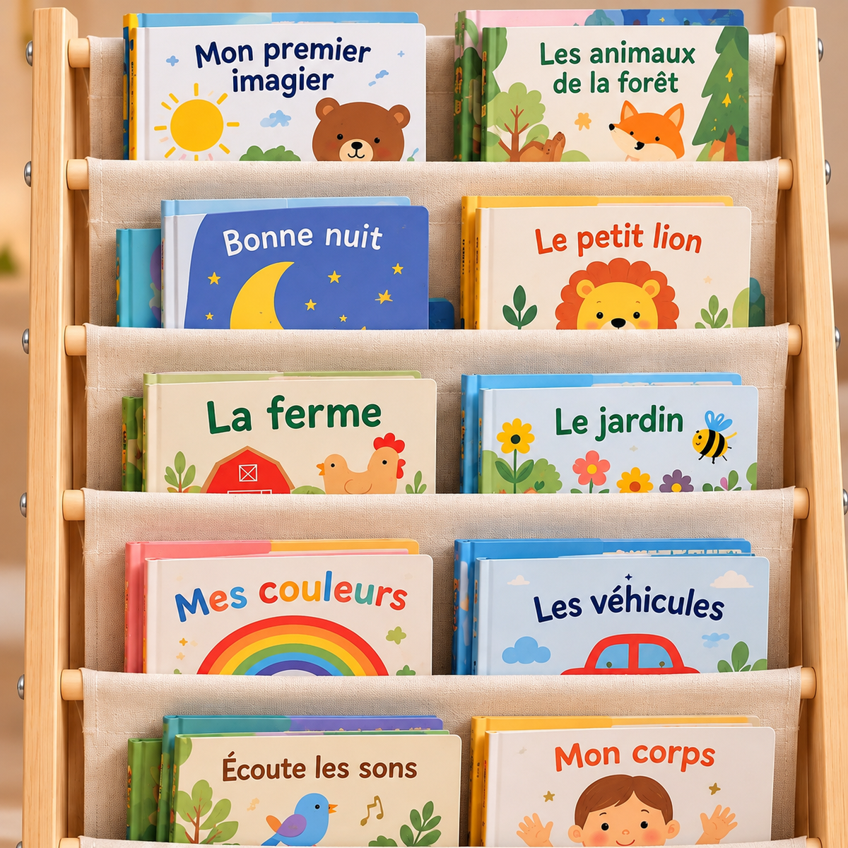 Bibliothèque enfant en bois et tissu, 6 niveaux et 3 poches Hilair